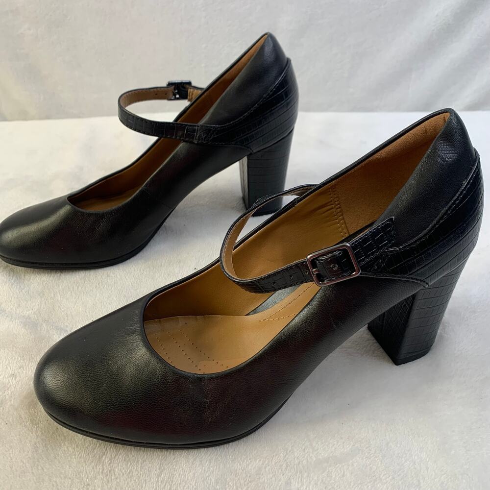 Clarks Womens Sz 7 Black Leather Strap Heels Emily 2 Jane Dancing Pumps Shoes - Picture 2 of 8